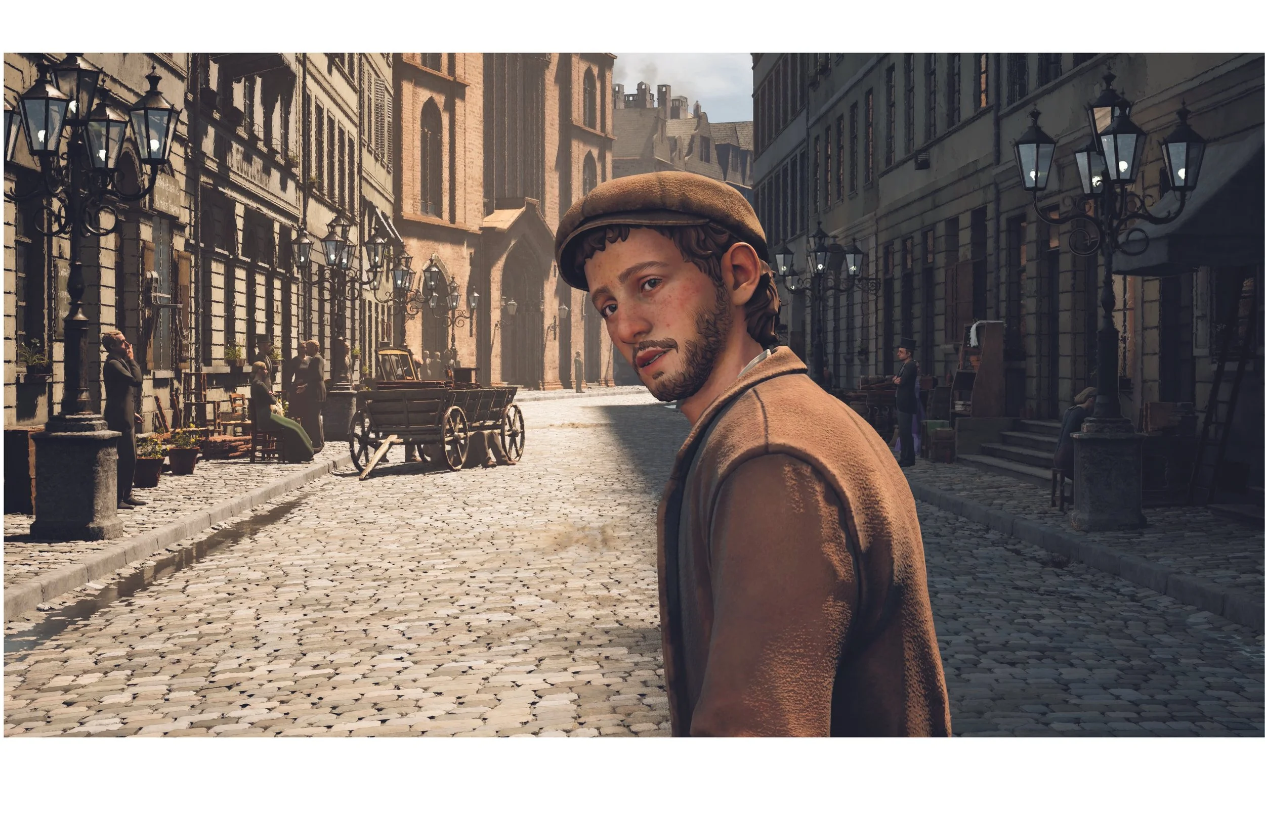 Historischer Avatar bei der Führung vom Museum Judengasse zum Goldenen Apfel in Frankfurt am Main, dargestellt in historischer Kleidung vor einer alten Stadtlandschaft.