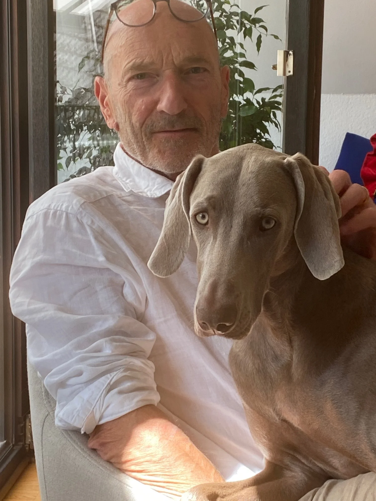 Verleger Lothar Wekel vom Verlagshaus Römerweg in Wiesbaden sitzt mit einem jungen Hund auf dem Schoß in einem Sessel.