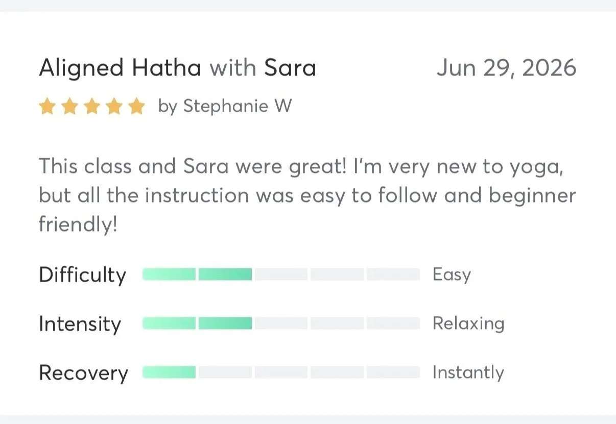 Customer review for yoga class titled 'Aligned Hatha with Sara' on June 29, 2026, rated five stars, praising Sara and instructor Stephanie W, noting the class was beginner-friendly. The review includes difficulty, intensity, and recovery ratings.