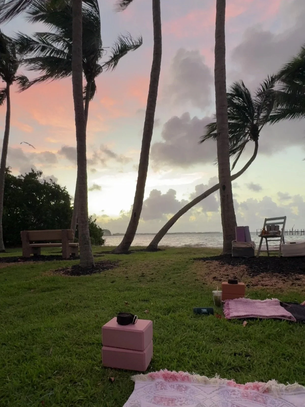 A beachside scene at sunset with palm trees, a body of water in the background, and outdoor seating, including benches and chairs, with yoga mats and small pink blocks on green grass.