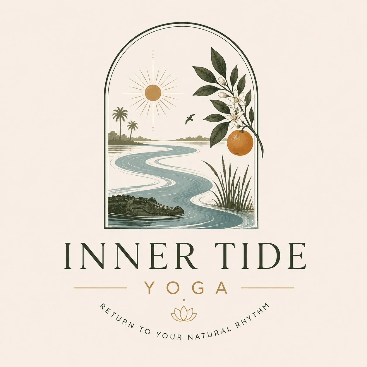 A logo for Inner Tide Yoga featuring a scenic nature illustration with a river, alligator, orange tree branch with flowers and fruit, birds, and a stylized sun, with the text 'Inner Tide Yoga' and slogan 'Return to your natural rhythm'.