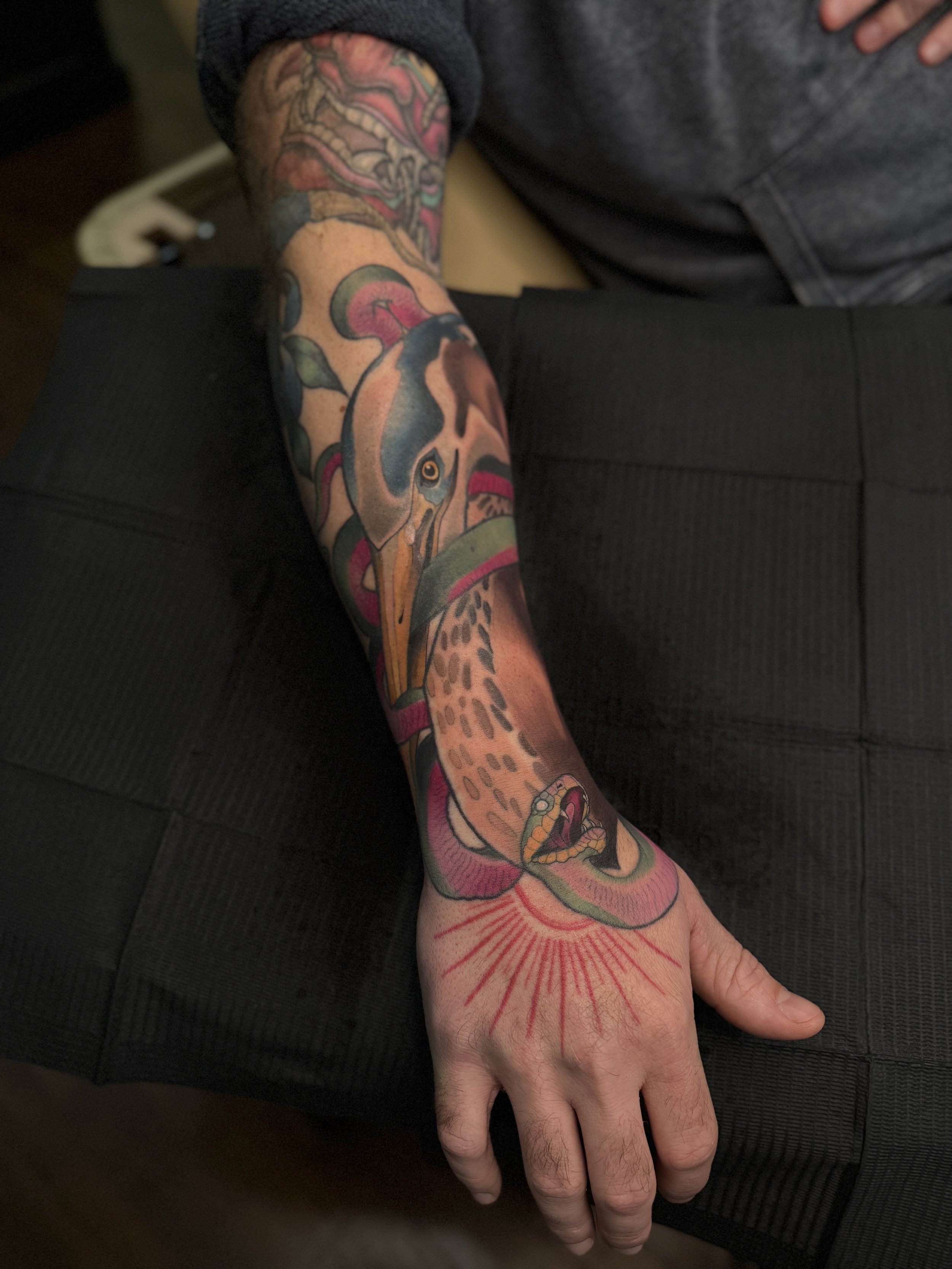 Illustrative/Neotraditional Crane and Snake