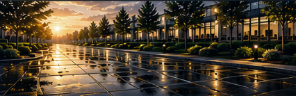 Empty street with wet pavement reflecting streetlights and trees at sunset.