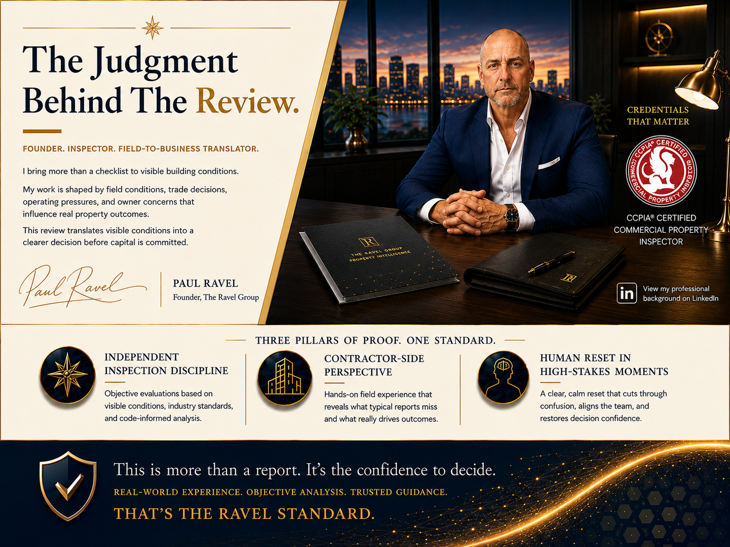 A professional promotional graphic featuring Paul Ravel, Founder of The Ravel Group, sitting at a desk with a city skyline background at sunset. The graphic highlights his credentials as a commercial property inspector and emphasizes themes of inspec