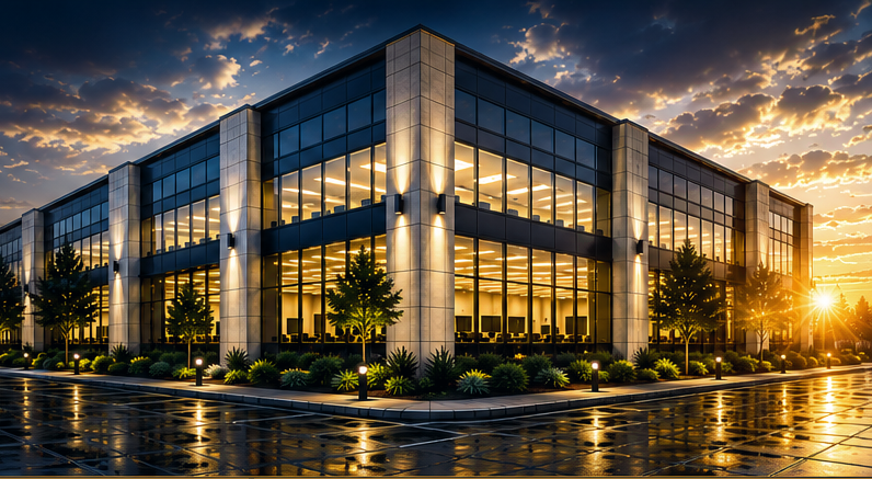 Modern office building with glass windows, illuminated interior, at sunset with reflections on wet pavement and landscaped surroundings.