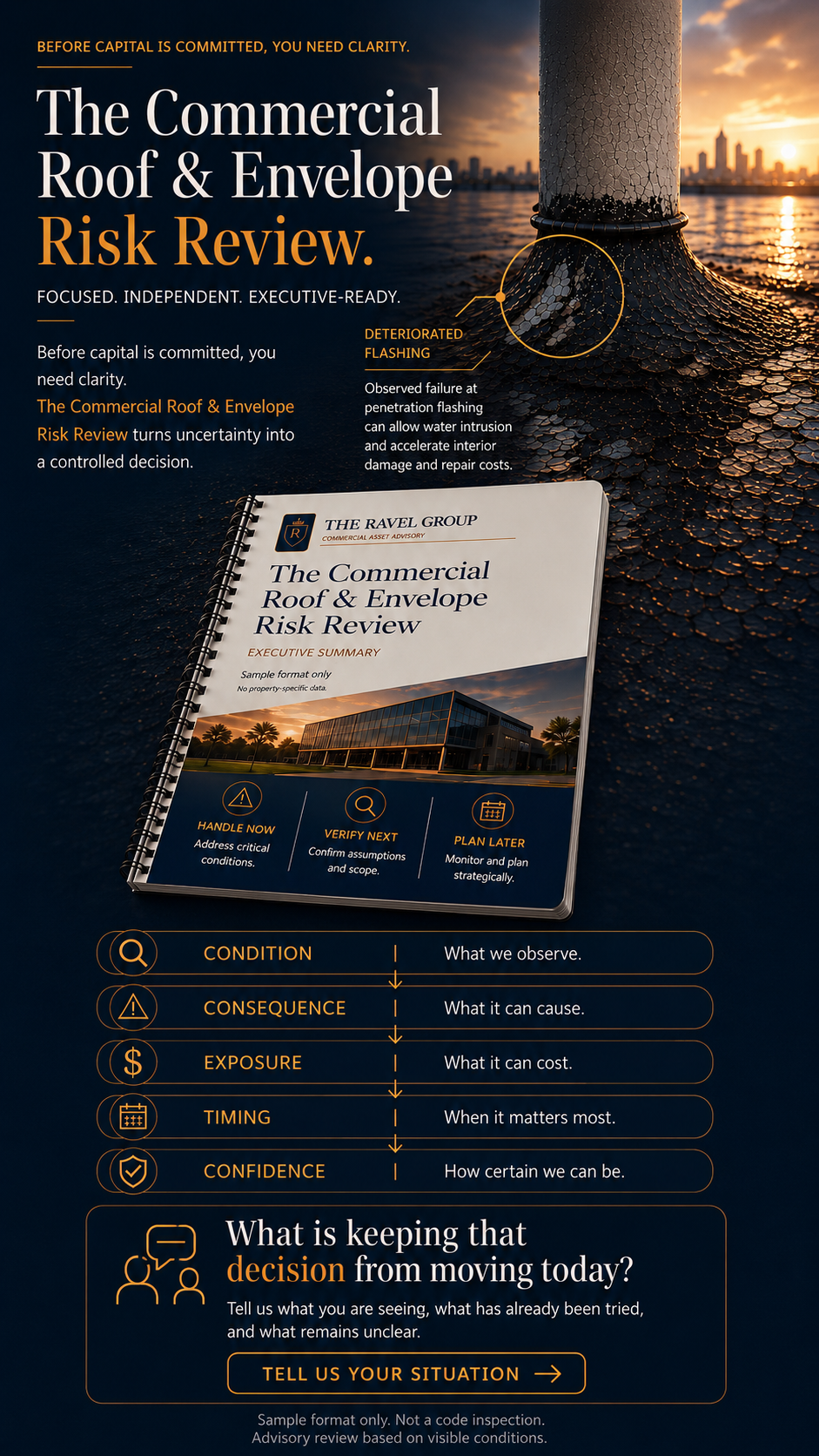 An advertisement for a commercial roof and envelope risk review, featuring a close-up of a damaged flashing on a roof with sunrise or sunset sky and a city skyline in the background, and a brochure with the same title.