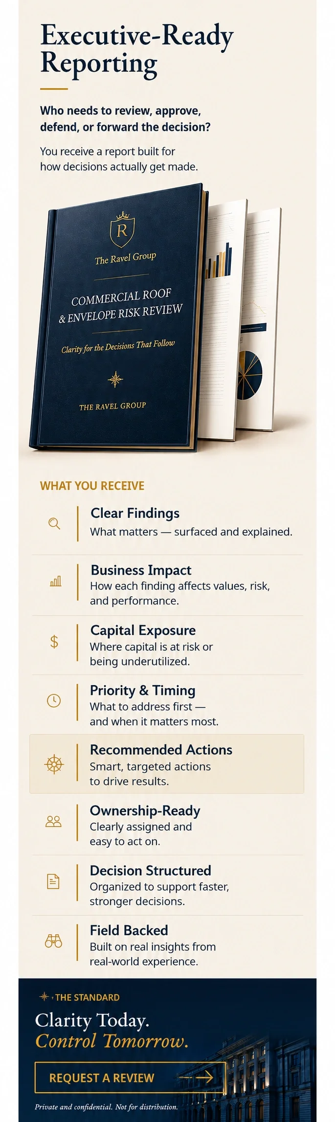 A promotional infographic for Executive-Ready Reporting by The Ravel Group, featuring a navy blue binder titled 'Commercial Roof & Envelope Risk Review' and a list detailing what clients receive, including clear findings, business impact, capital exp