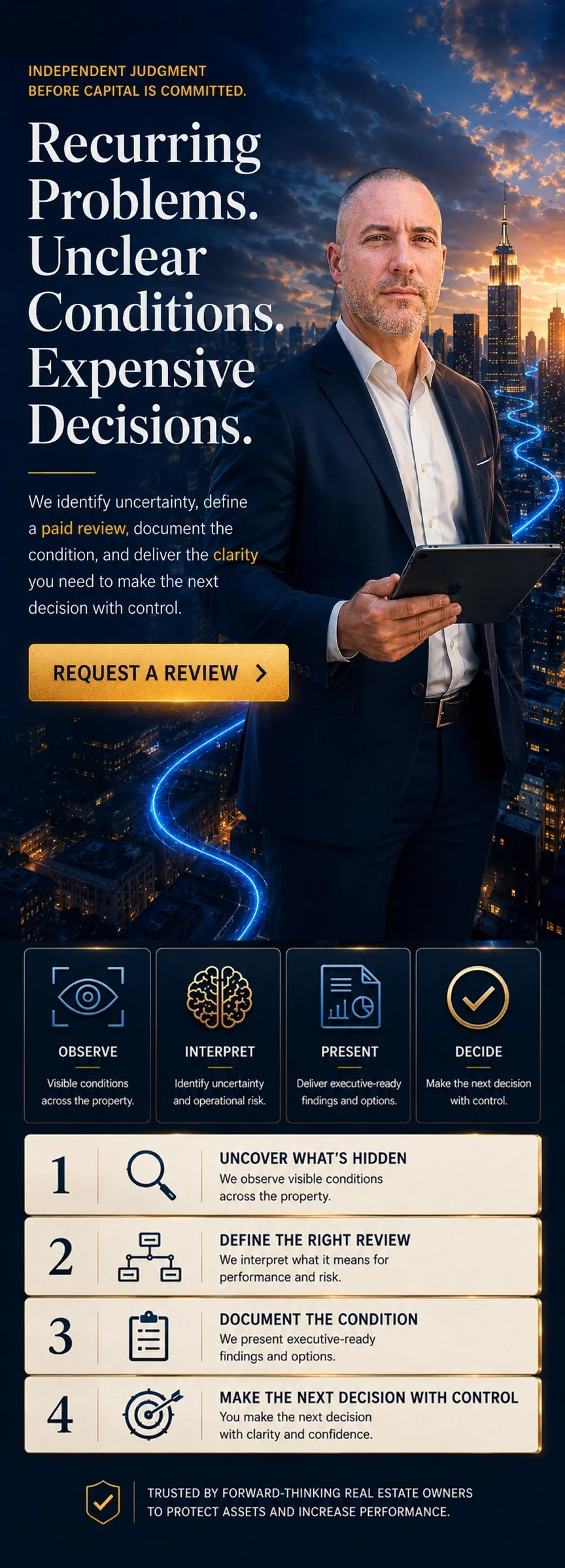 An advertisement for a review service highlighting the importance of independent judgment, clarity, and identifying uncertainty in decision-making. Features a businessman holding a tablet against a city skyline at sunset, with steps outlining the rev