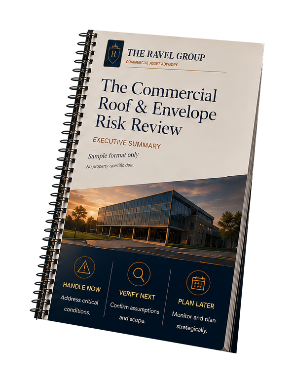 Cover page of a report titled "The Commercial Roof & Envelope Risk Review" by The Ravel Group, featuring a modern commercial building at sunset with sections labeled Handle Now, Verify Next, and Plan Later.