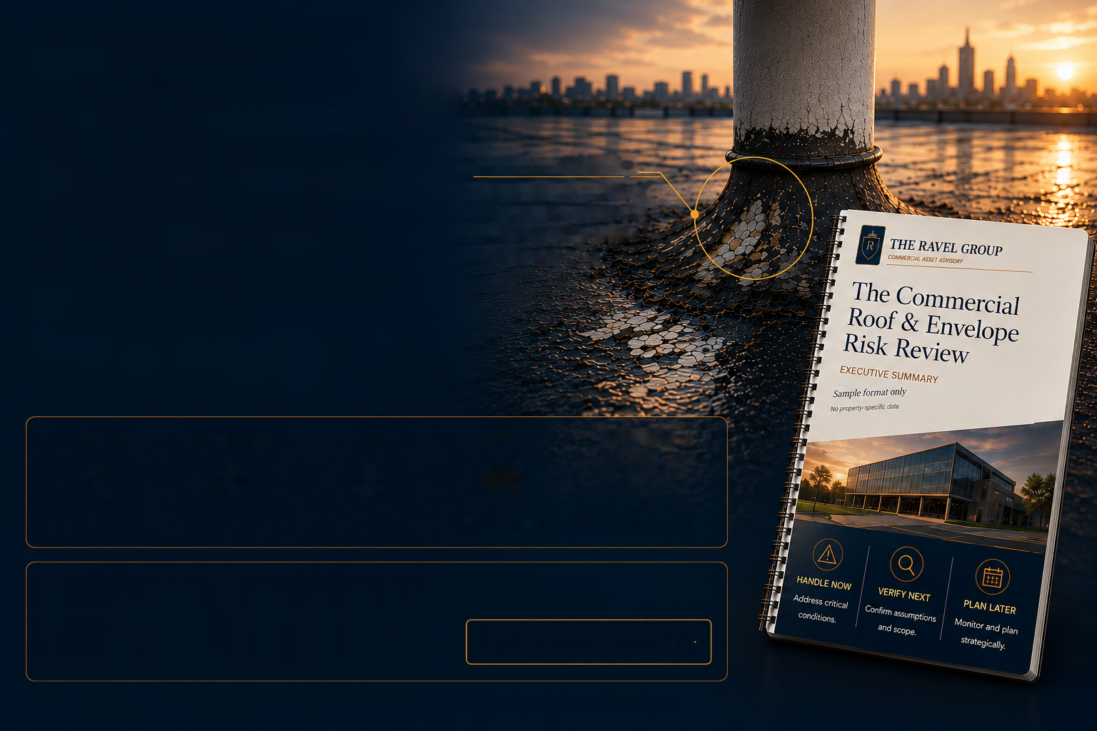Close-up of a spiral-bound report titled 'The Commercial Roof & Envelope Risk Review' on a flat rooftop with a city skyline at sunset in the background. The report features a photo of a modern commercial building at the bottom of the cover.
