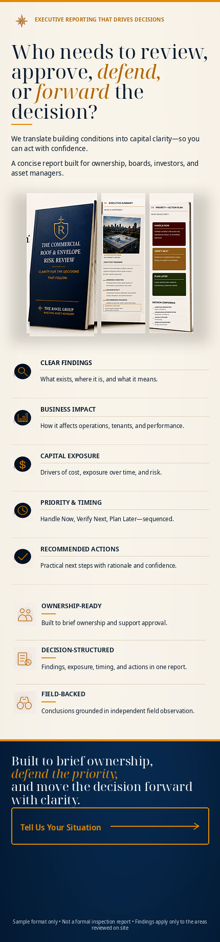 Infographic outlining key components of executive reporting for decision-making, including review, approval, defense, and forwarding decisions. It features a dark blue brochure with gold accents, images of reports, and icons representing findings, im