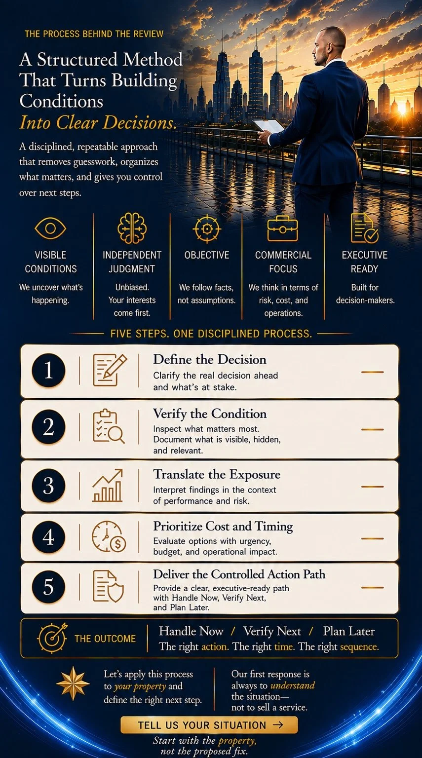 An infographic titled "A Structured Method That Turns Building Conditions Into Clear Decisions" explaining a disciplined process for decision-making. It features a man in a suit looking at a city skyline at sunset. The infographic outlines five steps
