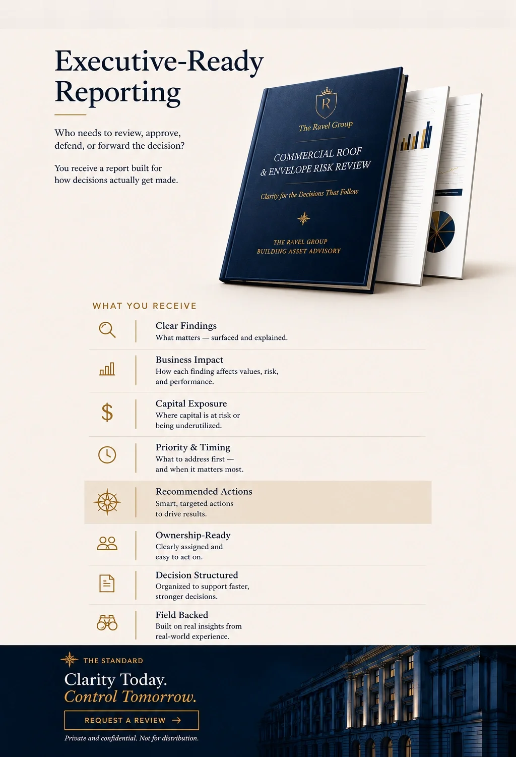 A brochure titled "Executive-Ready Reporting" from The Ravel Group features a blue binder with gold lettering, alongside three additional documents displaying charts and graphs. The brochure outlines the benefits of their report, including clear find