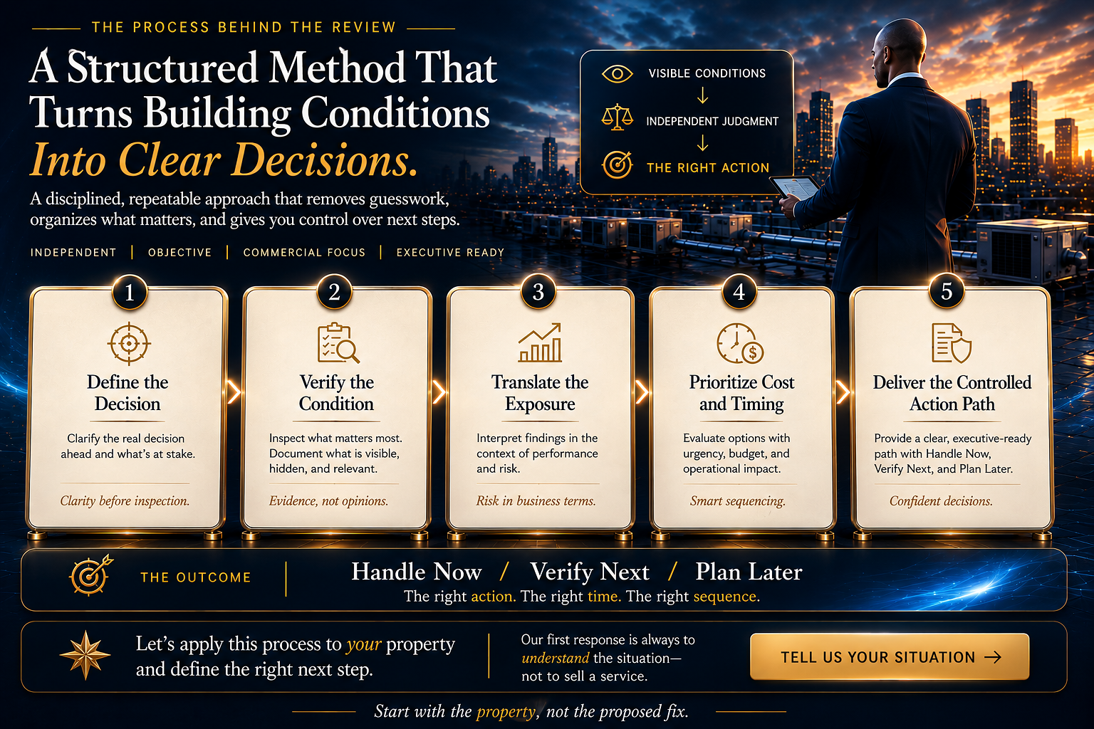 An infographic outlining five steps of a strategic decision-making process against a city skyline during sunset. The steps include defining the decision, verifying conditions, translating exposure, prioritizing cost and timing, and delivering the act