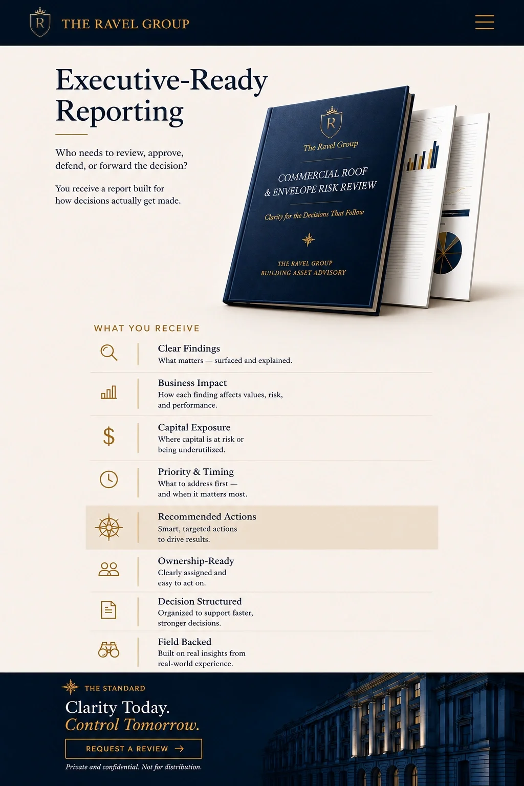 A website page for The Ravel Group, featuring their executive-ready reporting service with a focus on commercial roof and envelope risk review. The page includes a list of what is received with the report, such as clear findings, business impact, cap