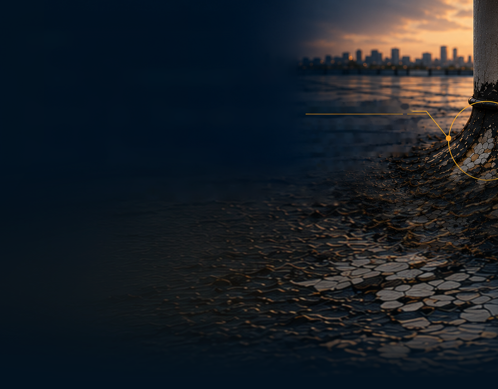 Close-up of a metallic sculpture's base on a body of water during sunset with a city skyline in the background.