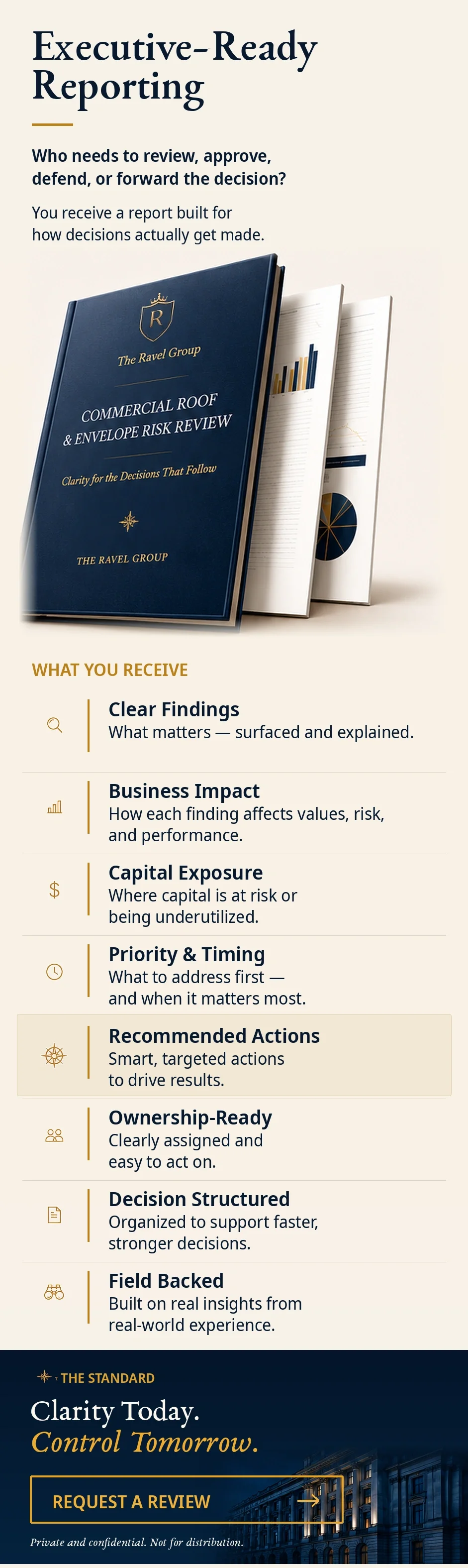 Graphic for 'Executive-Ready Reporting' by The Ravel Group displaying a blue report book alongside data charts. Highlights include 'Clear Findings', 'Business Impact', 'Capital Exposure', 'Priority & Timing', 'Recommended Actions', 'Ownership-Ready',