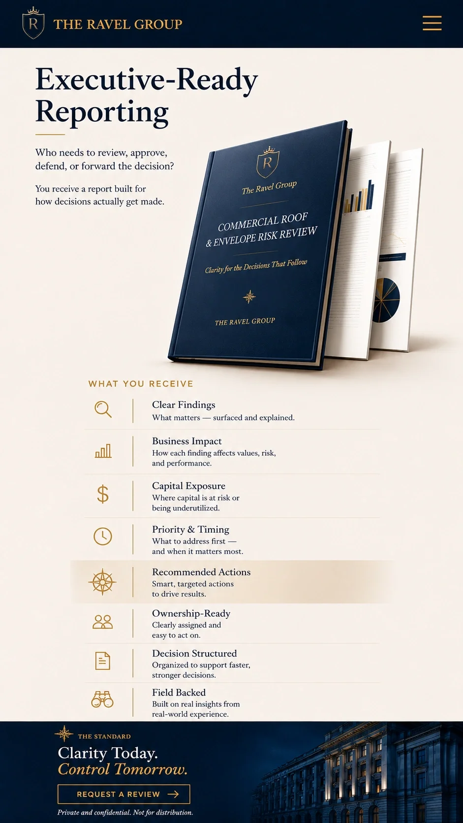 A webpage for The Ravel Group promoting executive-ready reporting services, showing a report titled 'Commercial Roof & Envelope Risk Review,' with a list of benefits including clear findings, business impact, capital exposure, priority and timing, re