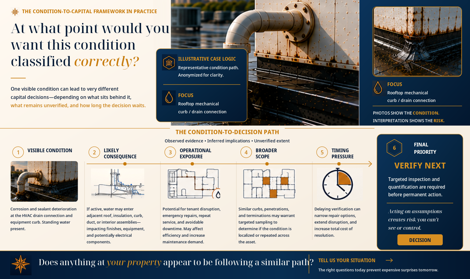 Infographic about condition classification and decision path for rooftop mechanical curb/drain connection, featuring an image of rusty rooftop piping and diagram sections with icons and text.