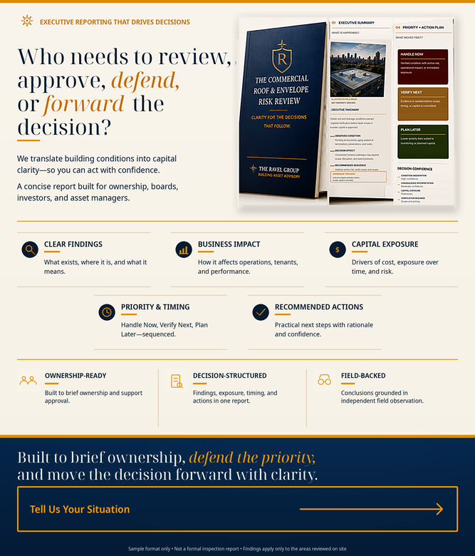 A brochure titled 'The Commercial Roof & Envelope Risk Review' featuring a blue cover with gold accents. The document discusses review and decision-making processes related to building conditions, clarity, and confidence, with sections including exec