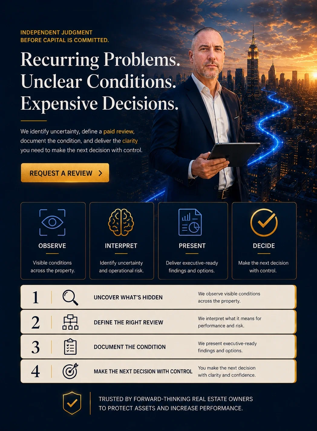 A man holding a tablet, standing in front of a city skyline at sunset with a glowing blue path, promoting independent judgment in real estate decision-making, with sections on observing, interpreting, presenting, and deciding.