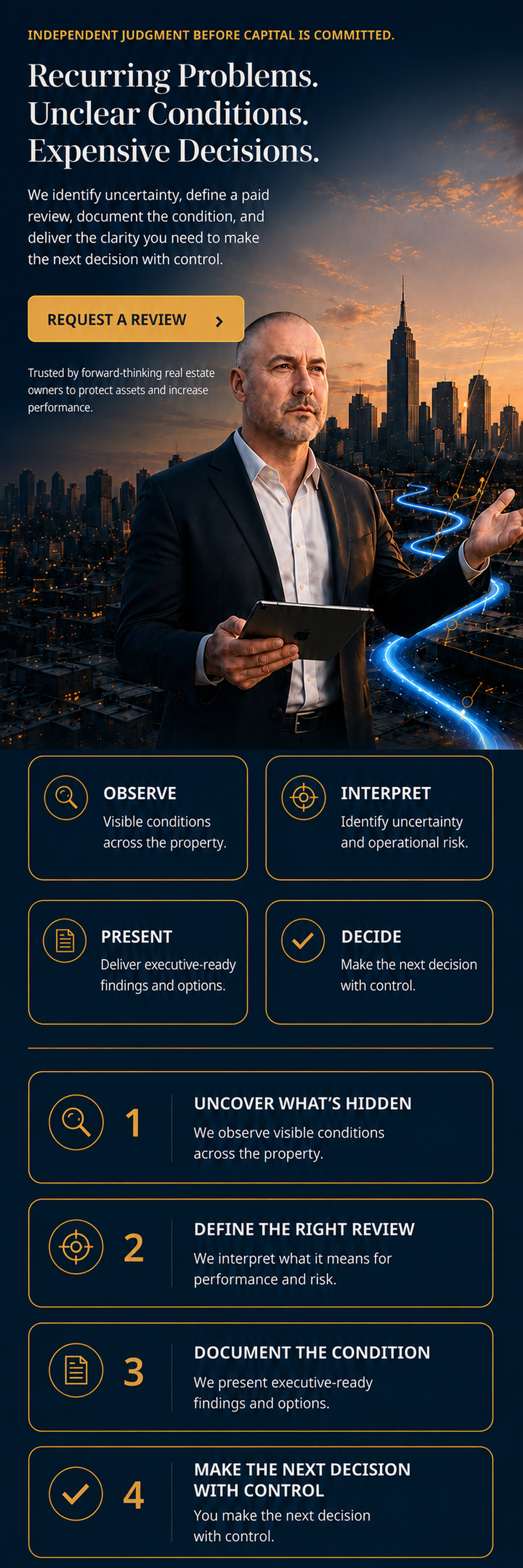 An advertisement for independent judgment before capital with a man holding a tablet against a city skyline and sunset background. The ad emphasizes recurring problems, unclear conditions, and expensive decisions, offering services to identify uncert