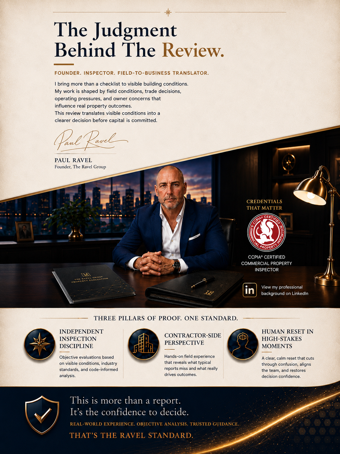 A professional businessman sitting at a desk with a cityscape background during sunset. The image features text about property inspection standards, credentials, and experience, with logos and icons highlighting inspection principles and certificatio