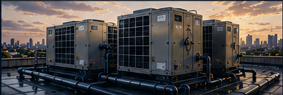 Three large HVAC units on a rooftop with a city skyline in the background during sunset.