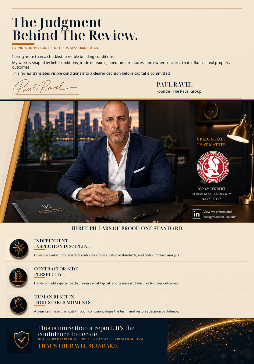 A promotional poster for a professional property inspector named Paul Ravel. It features his endorsement statement, a large portrait of him sitting at a desk with a city skyline in the background. The poster highlights his credentials, inspection sta