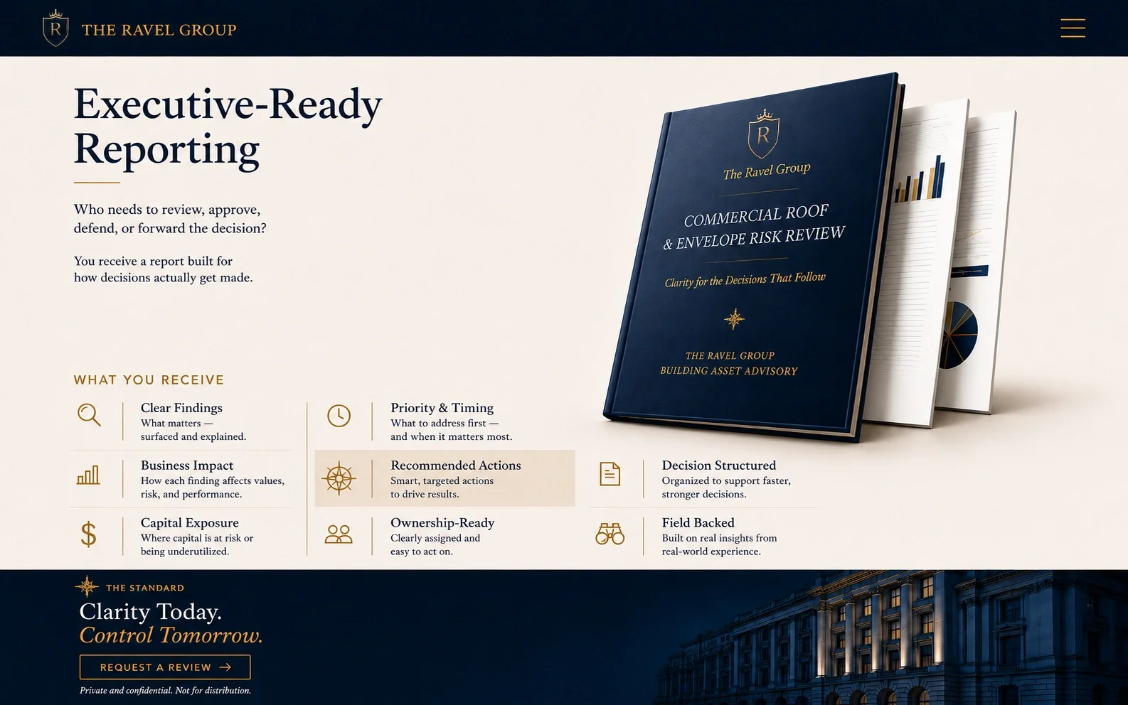 Screenshot of The Ravel Group website homepage featuring executive reporting services, with a dark blue and beige color scheme, an image of a blue report binder titled 'Commercial Roof & Envelope Risk Review,' and three PDF pages with charts and grap