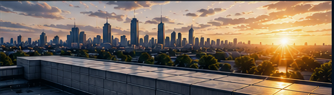 City skyline at sunset with tall buildings and a rooftop in the foreground.