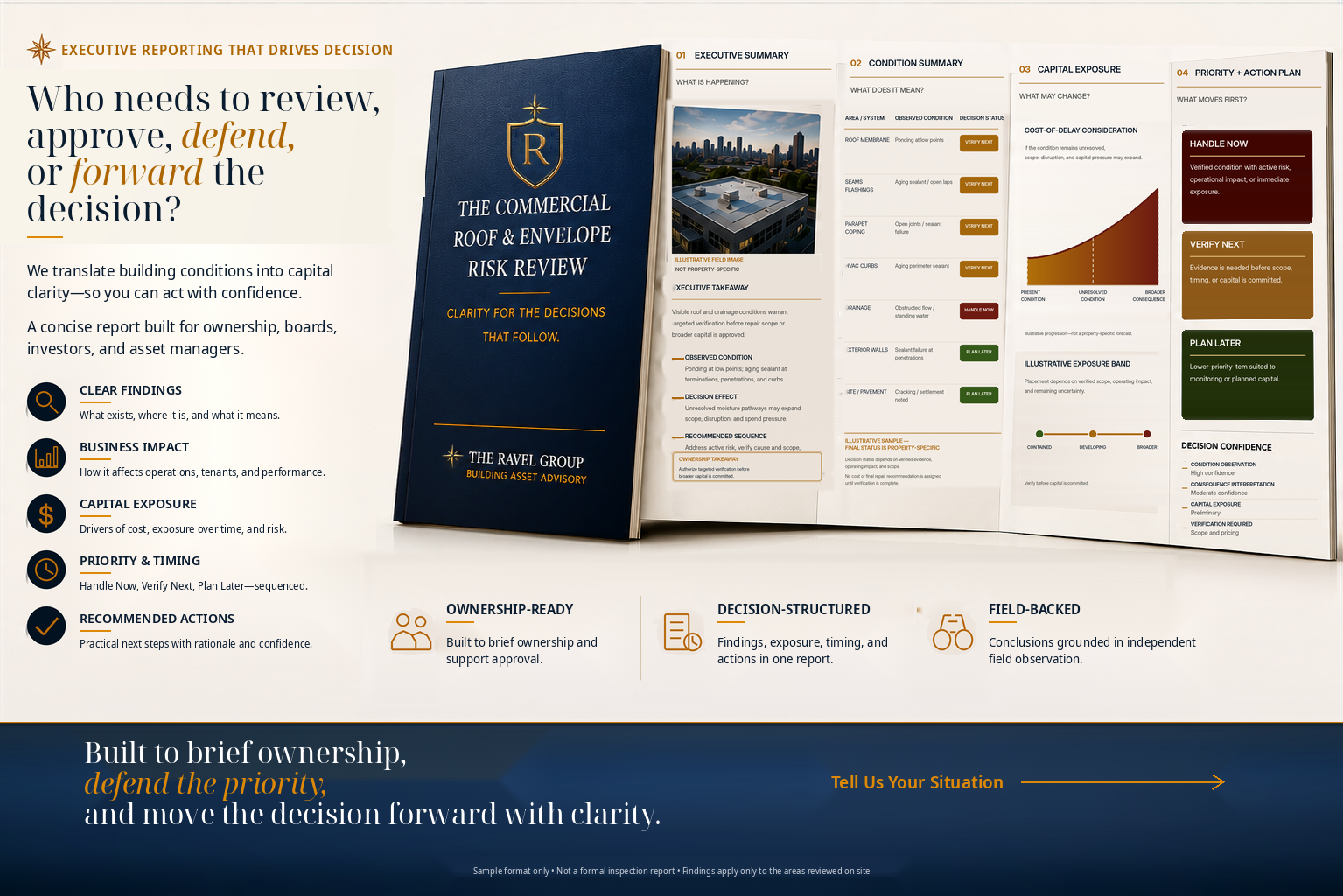 Open booklet titled 'The Commercial Roof & Envelope Risk Review' with sections on executive summary, condition summary, capital exposure, and priority action plan. The page includes a sample progress graph, checkboxes, and icons related to roof condi