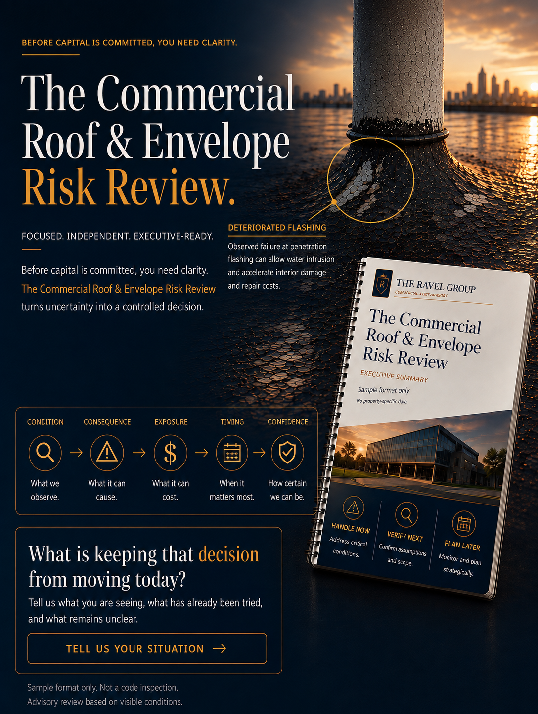 An advertisement for a Commercial Roof & Envelope Risk Review service by The Ravel Group, featuring a close-up image of a deteriorated roof flashing with water intrusion, a booklet cover, and the sunset skyline of a city in the background.