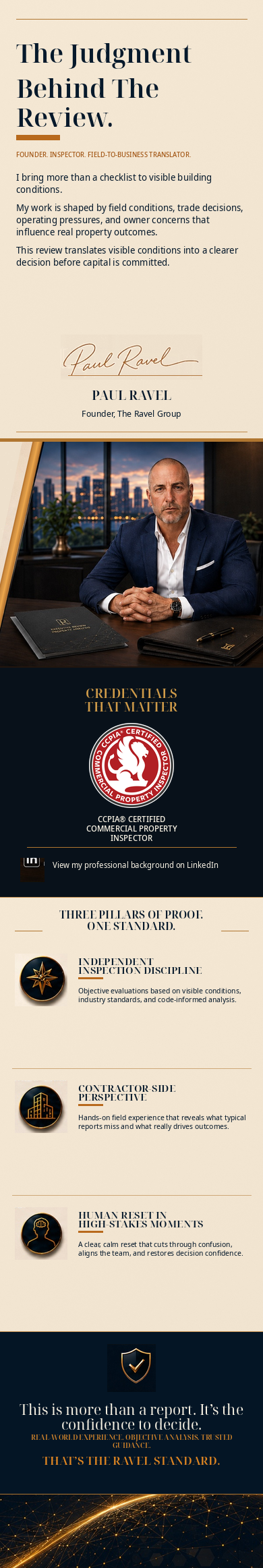 A professional graphic design poster for Paul Ravel, a founder involved in real estate inspections, featuring his portrait in an office setting with city skyline background. The poster highlights his credentials as a certified commercial property ins