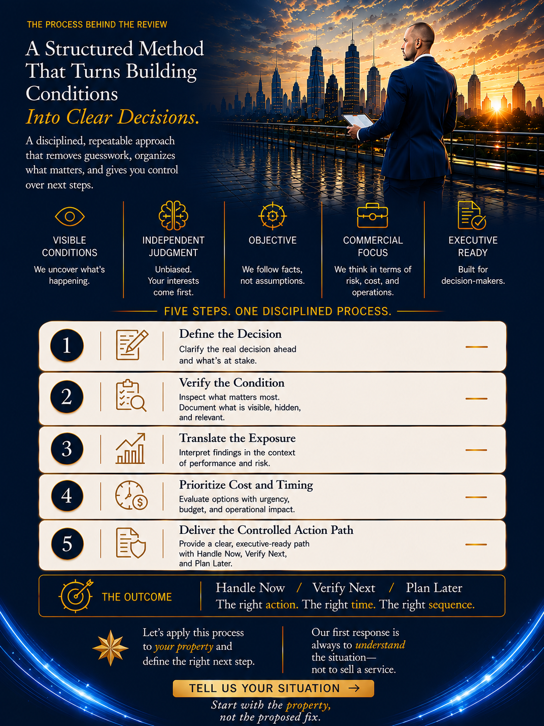 Infographic outlining a structured five-step process for decision-making, featuring a city skyline at sunset. The steps are Define the Decision, Verify the Condition, Translate the Exposure, Prioritize Cost and Timing, and Deliver the Controlled Acti