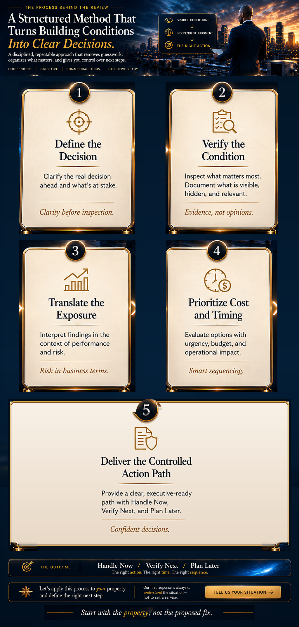 A digital infographic titled "A Structured Method That Turns Building Conditions Into Clear Decisions" displaying five steps: define the decision, verify the condition, translate the exposure, prioritize cost and timing, and deliver the controlled ac