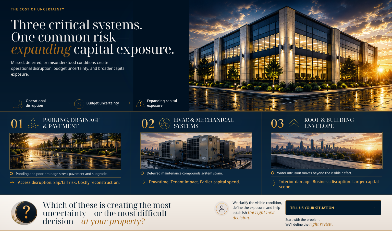 Infographic about the risk of expanding capital exposure at a property, highlighting three systems: parking, drainage, and pavement; HVAC systems; and roof and building envelope. The background features a modern building at sunset.