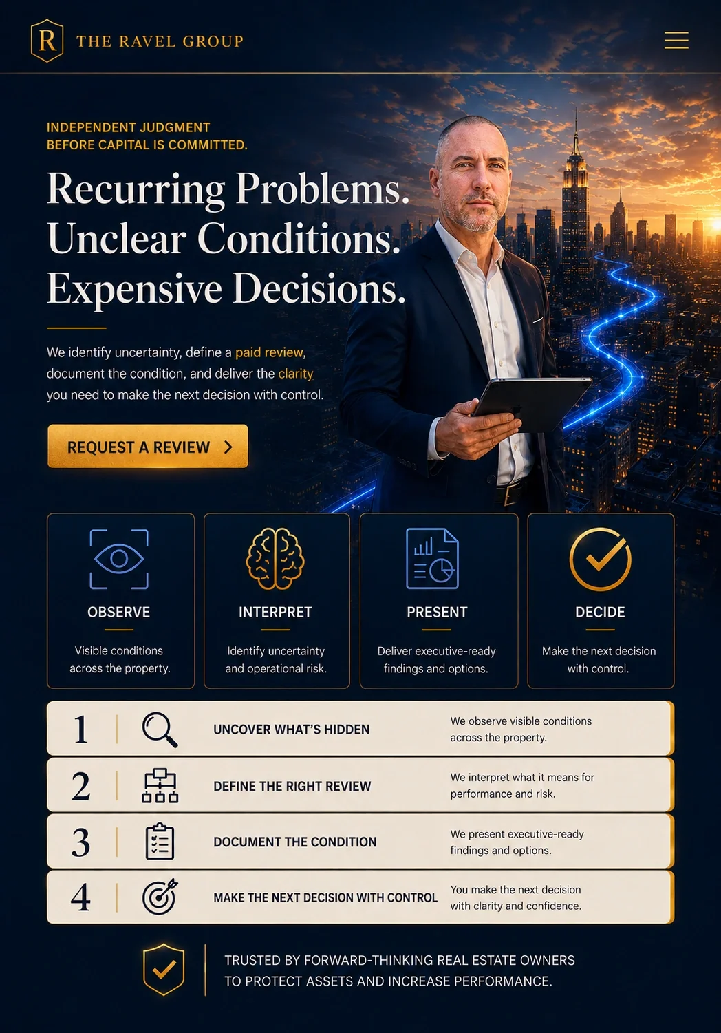 Website for The Ravel Group offering property review services. Features a professional man in a suit holding a tablet against a city skyline at sunset. Text highlights problem-solving steps: observe, interpret, present, decide. Call to action button: