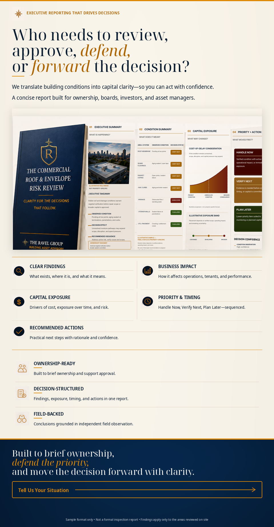 A detailed infographic on commercial roof and envelope risk review, including sections on executive summary, condition summary, capital exposure, priority, and recommended actions, with a blue report cover and colorful charts.
