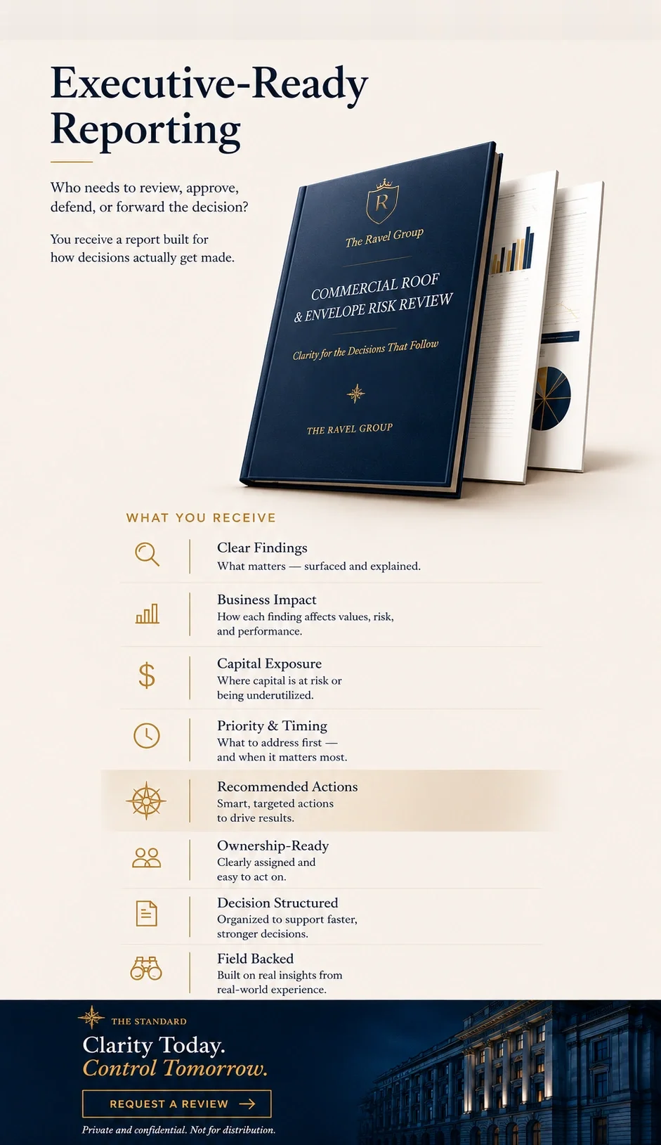 A promotional flyer for a report titled "Commercial Roof & Envelope Risk Review" by The Ravel Group, titled "Executive-Ready Reporting." The flyer lists what is included, such as clear findings, business impact, capital exposure, priority and timing,