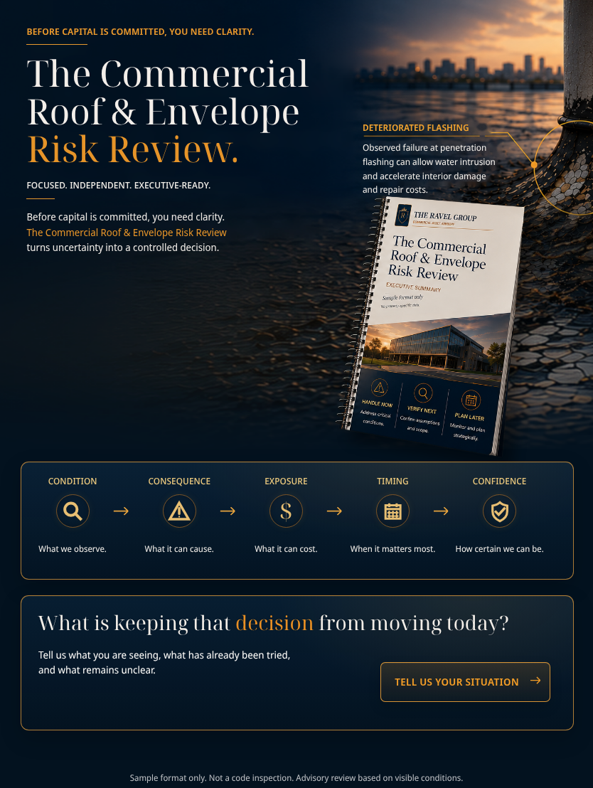 A promotional graphic for the Commercial Roof & Envelope Risk Review, featuring a sunset over a city skyline in the background with a rubber roofing material on the right. It displays the program's focus on clarity and risk assessment, with an emphas