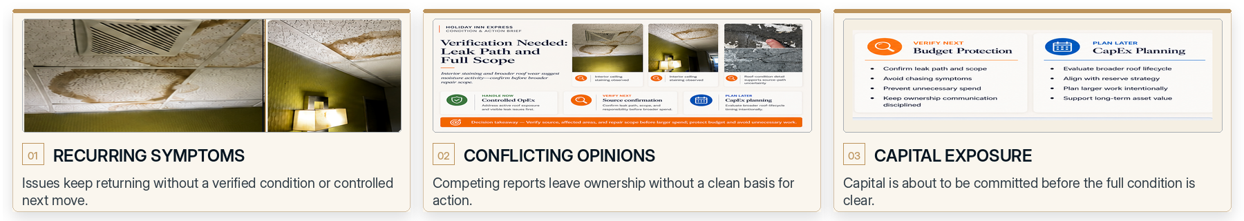 Three presentation slides about leak detection, conflicting opinions, and capital exposure, with tips and strategies for managing issues related to these topics.