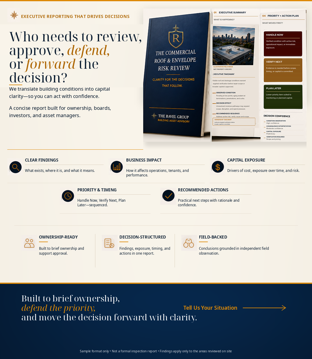 A marketing infographic for the Commercial Roof & Envelope Risk Review, featuring a dark blue booklet titled 'The Ravel Group'. The flyer discusses decision making in building conditions, emphasizing review, approval, defense, or forwarding decisions