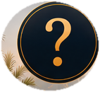 A question mark inside a dark circle with a gold border, set against a background with palm trees and green tones.