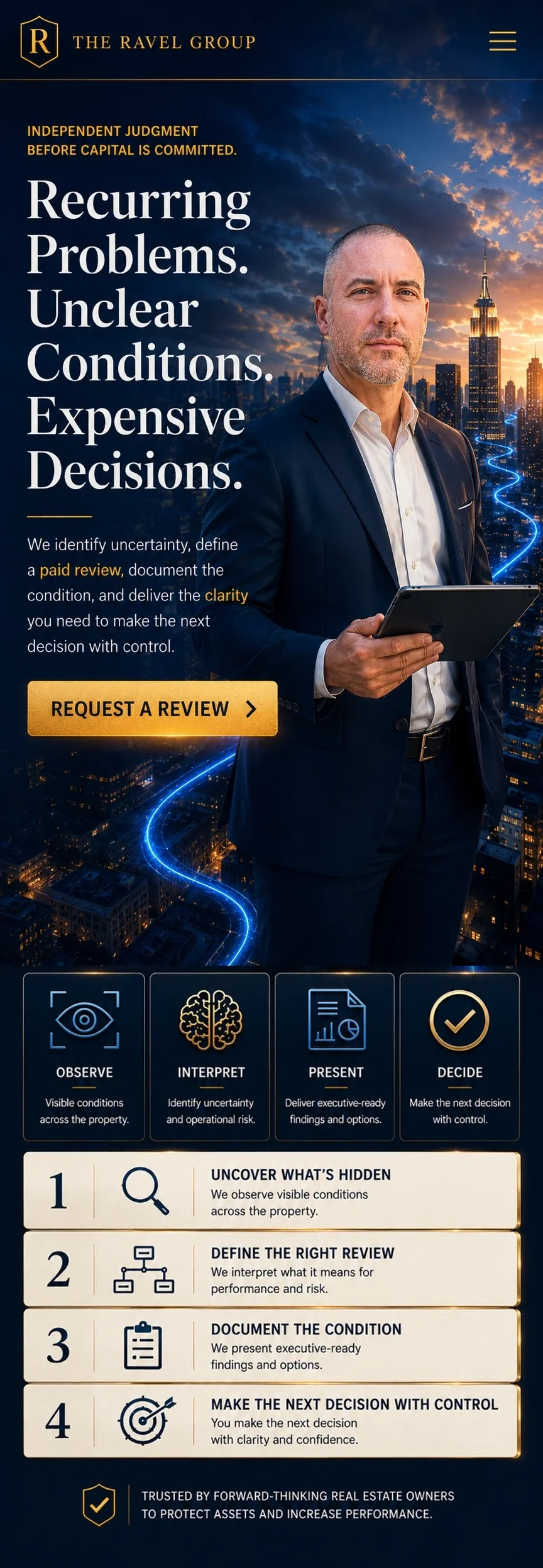 An advertisement for The Ravel Group, showcasing a man in a business suit holding a tablet, with a city skyline and sunset in the background. The ad promotes identifying and addressing recurring problems, unclear conditions, and expensive decisions t