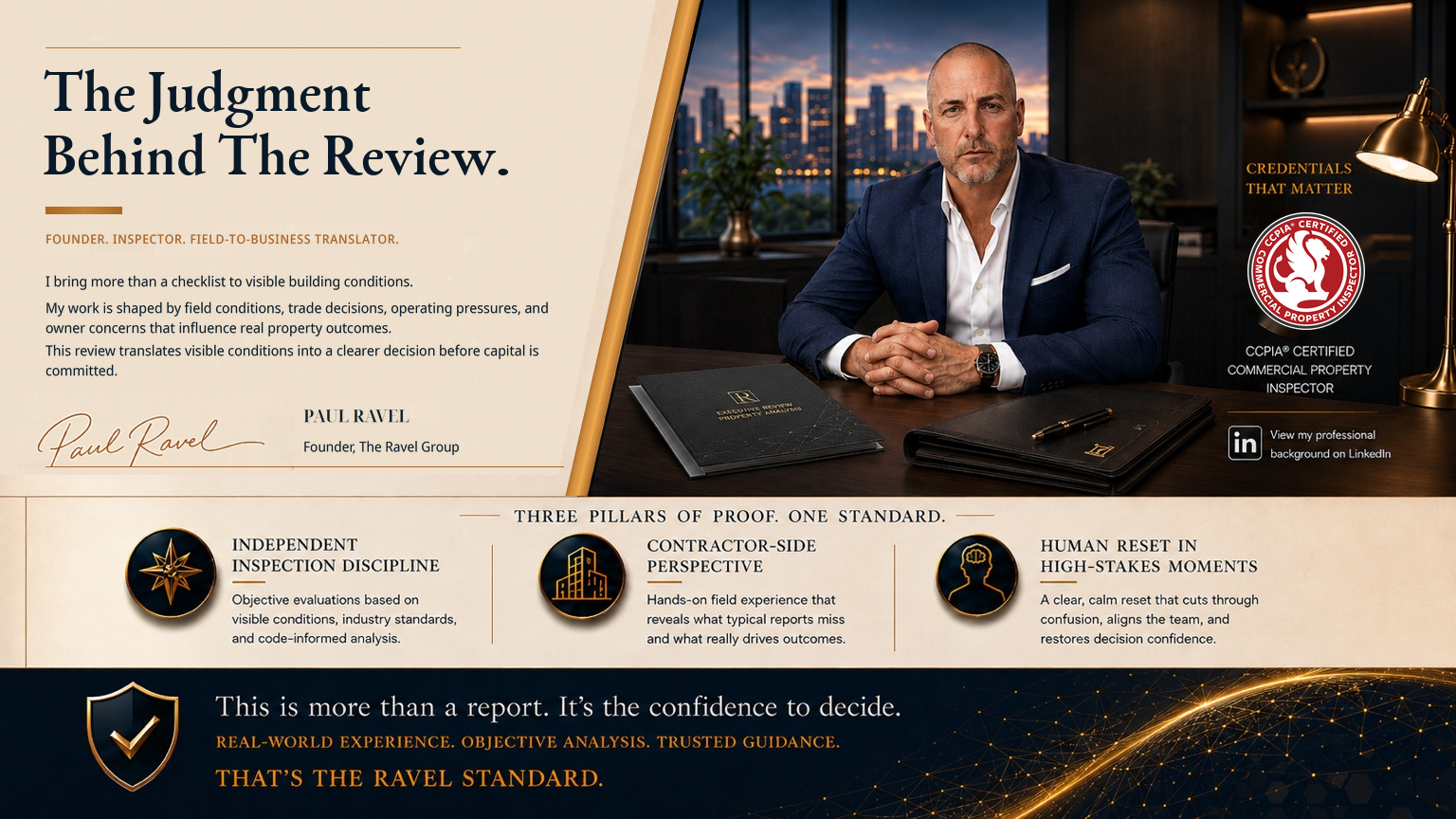 A professional man sitting at a desk with a cityscape view through the window behind him. The desk has a black folder, a leather portfolio, and a pen. There are various icons and text describing inspection standards, with a headline about the importa