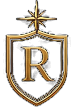 A black shield with a gold border and a gold letter 'R' in the center, topped with a star.