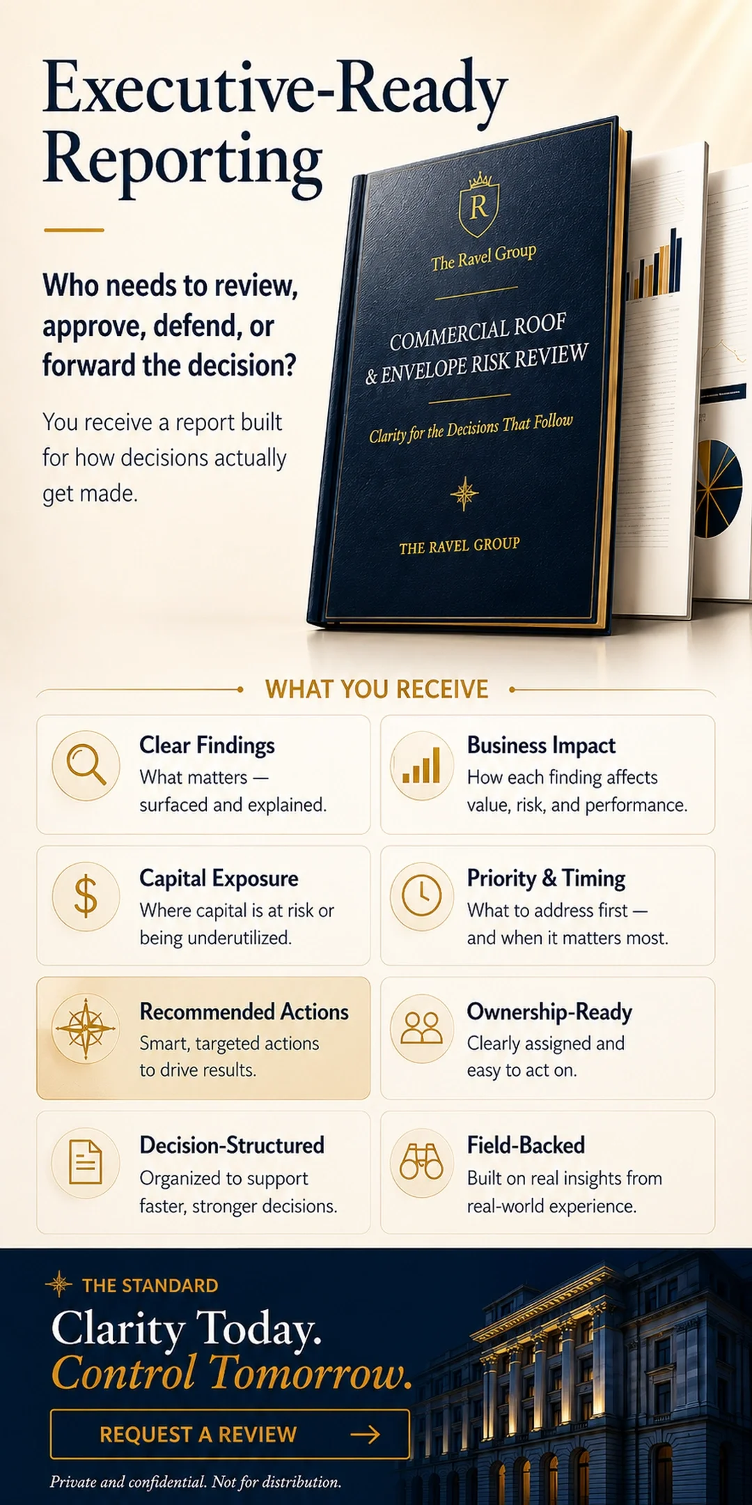 An infographic about executive-ready reporting, featuring a navy blue booklet titled "Commercial Roof & Envelope Risk Review" and the logo of The Ravel Group. The infographic highlights the benefits of the report, such as clear findings, business imp