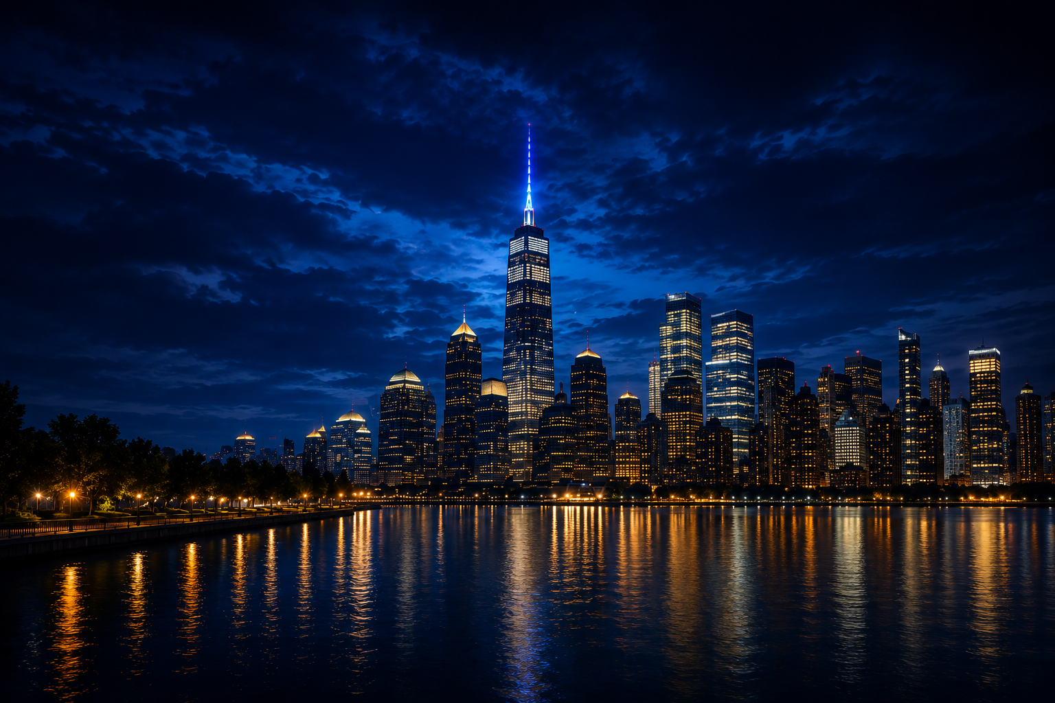 Night view of a city skyline reflecting on a body of water with tall illuminated skyscrapers and dark clouds in the sky.