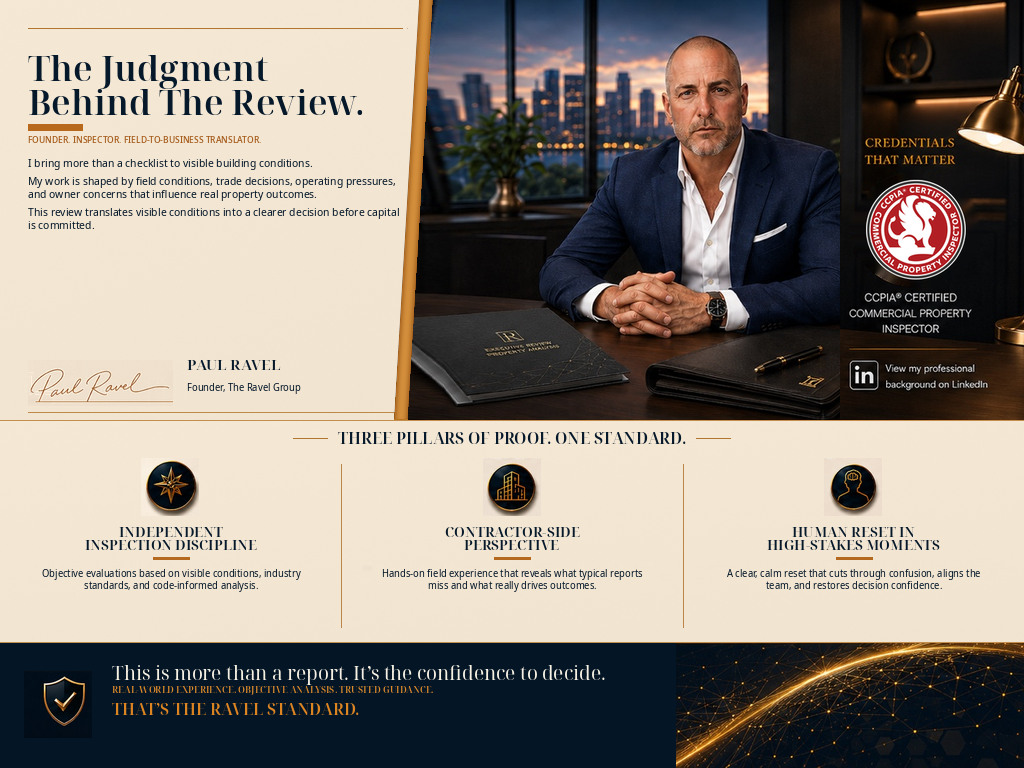 A professional business presentation slide featuring a man in a suit sitting at a desk with city skyline in the background. The slide emphasizes the importance of inspection standards and features text about the judgment behind property review, three